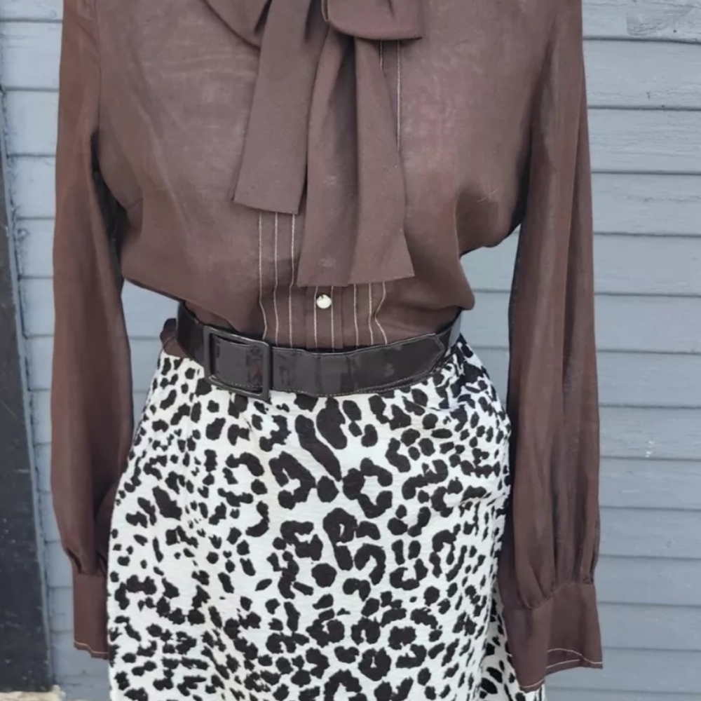 Vintage Career Dress N.R.1 By Ned Gould Brown Blouse Animal Print Skirt Belted